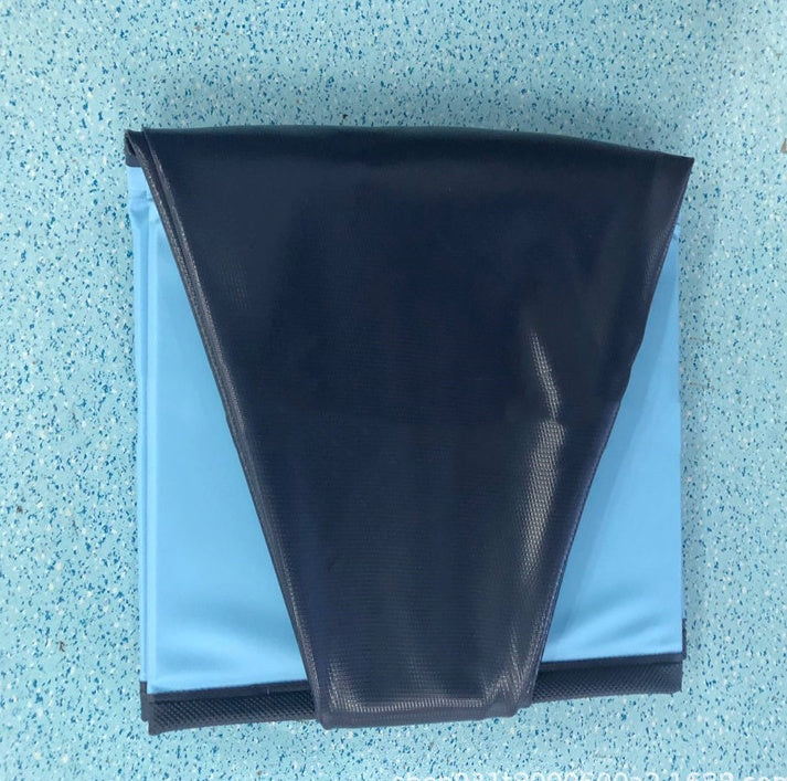Folded dog pool showing blue exterior and dark blue interior