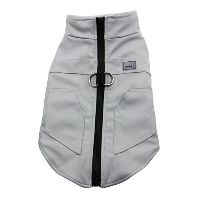 Single white quilted waterproof pet jacket with black zipper and double metal D-ring shown from front