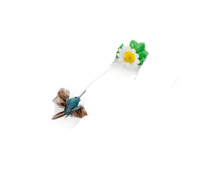 Blue feathered bird rotator attached to flower base on white background