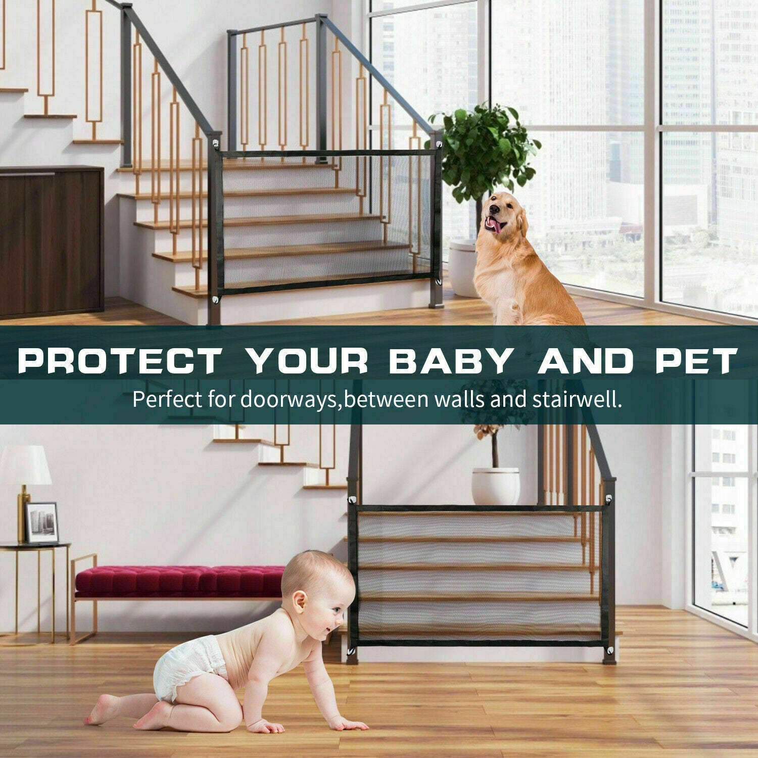 Black mesh safety gate fitted between metal and wooden staircase rails with baby crawling on floor and dog nearby, text overlay about protection