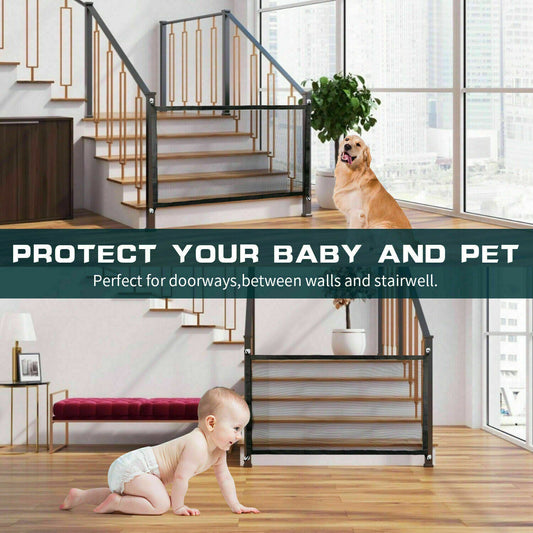 Black mesh safety gate fitted between metal and wooden staircase rails with baby crawling on floor and dog nearby, text overlay about protection