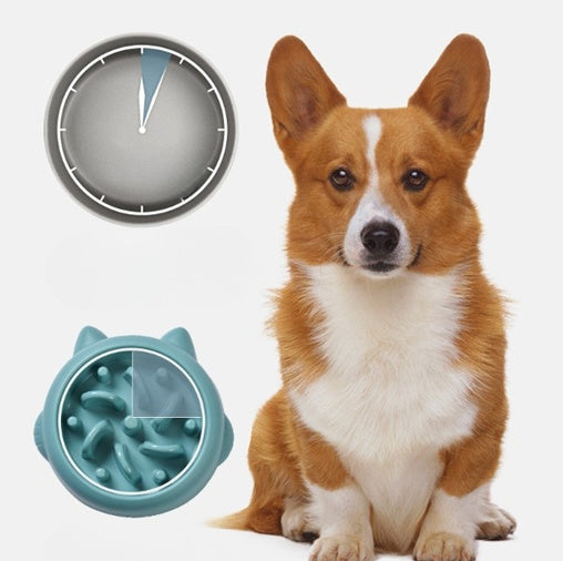 Illustration of a dog next to a clock showing slowed feeding time due to the feeder bowl