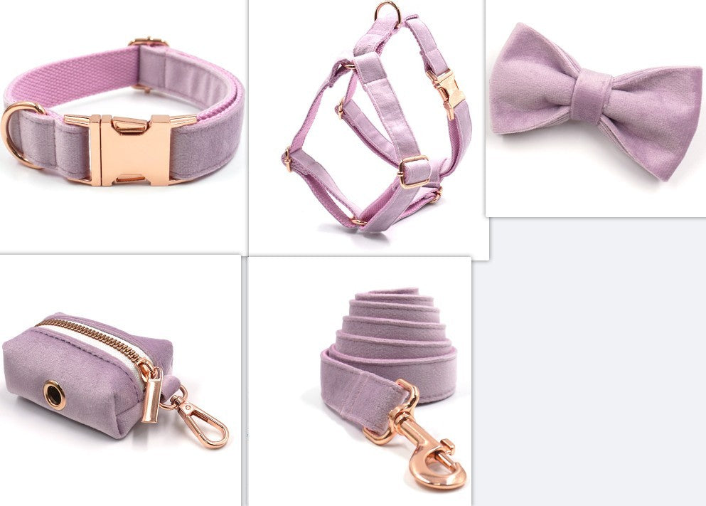 Collage of soft purple velvet collar, harness, bow tie, leash, and pouch with rose gold hardware