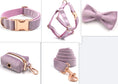 Cargar la imagen en la vista de la galería, Collage of soft purple velvet collar, harness, bow tie, leash, and pouch with rose gold hardware
