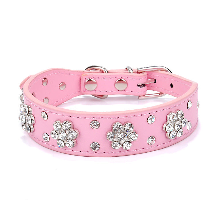 Close up of pink dog collar decorated with rhinestone flowers