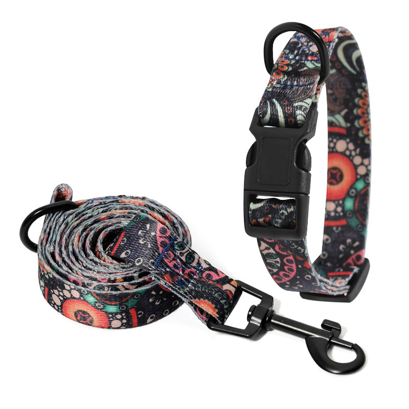 Set of dog collar and matching leash in black and earthy colored paisley pattern displayed on white background