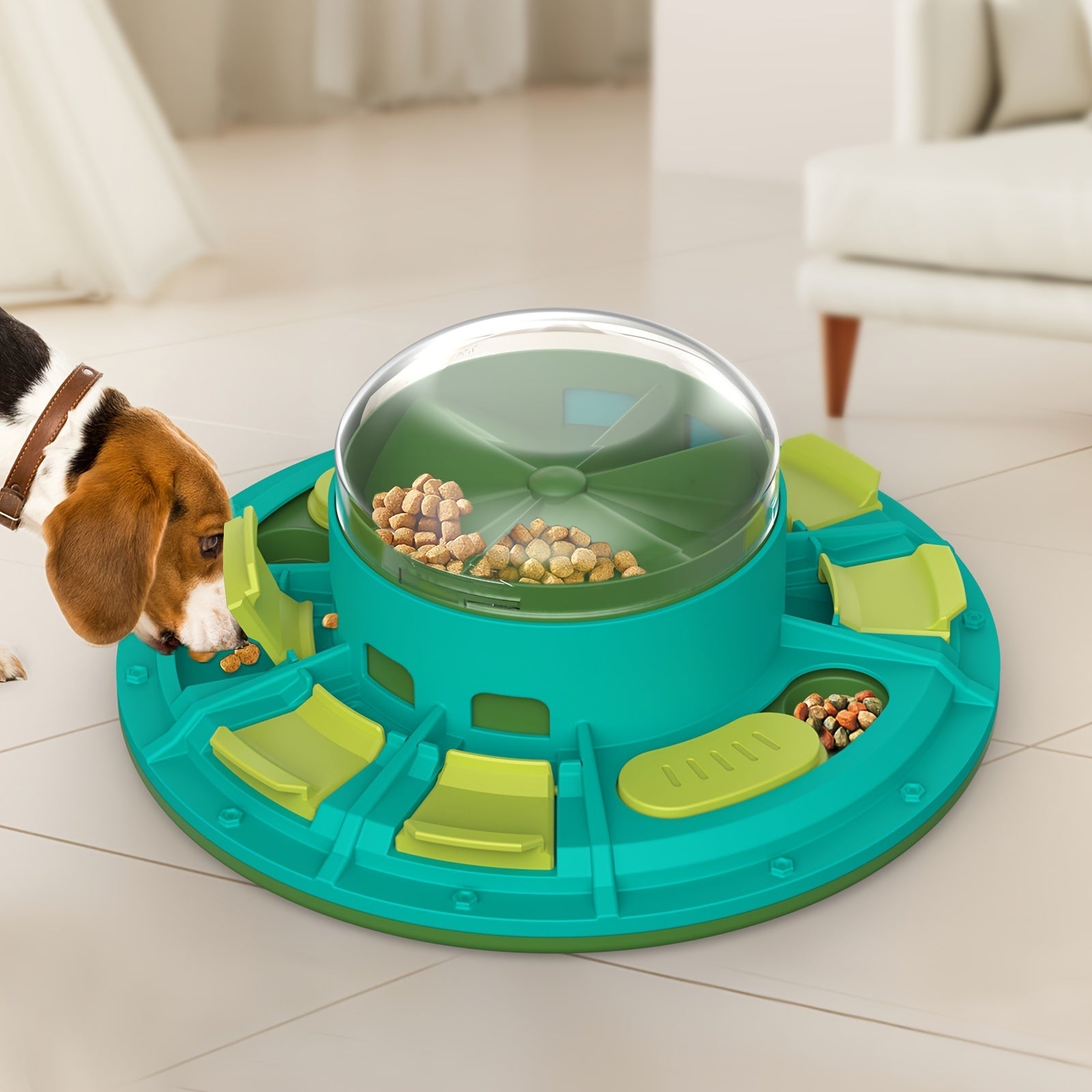 Beagle dog using paw to open compartments on teal circular dog puzzle feeder