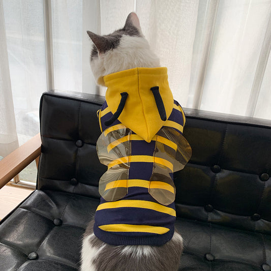 Back view of cat wearing bee hoodie showing transparent wings and hood with antennae