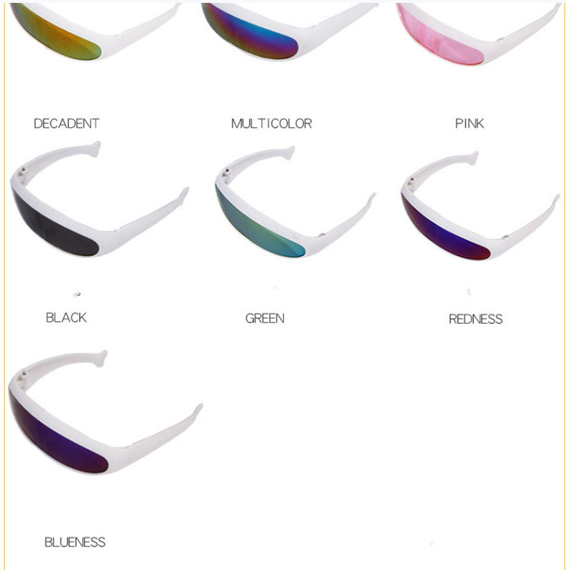 Display of six variations of white-framed reflective pet sunglasses with color labels