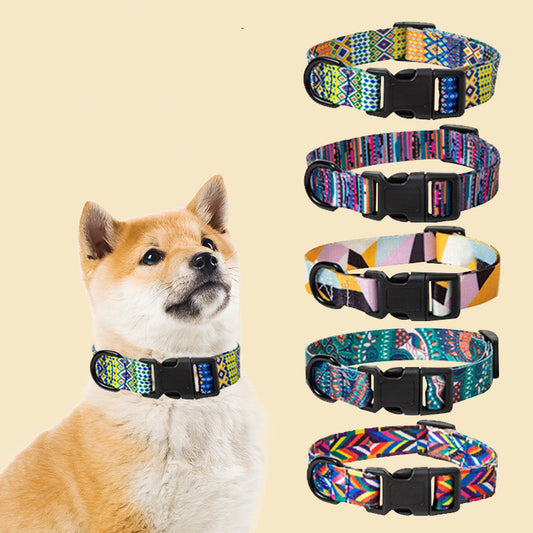 Shiba Inu dog wearing colorful patterned adjustable collar with five additional collars displayed, each with unique geometric and tribal prints
