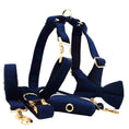 Charger l'image dans la visionneuse de la galerie, Full view of all navy blue corduroy dog accessories including leash, collar, harness, bow, and poop bag holder
