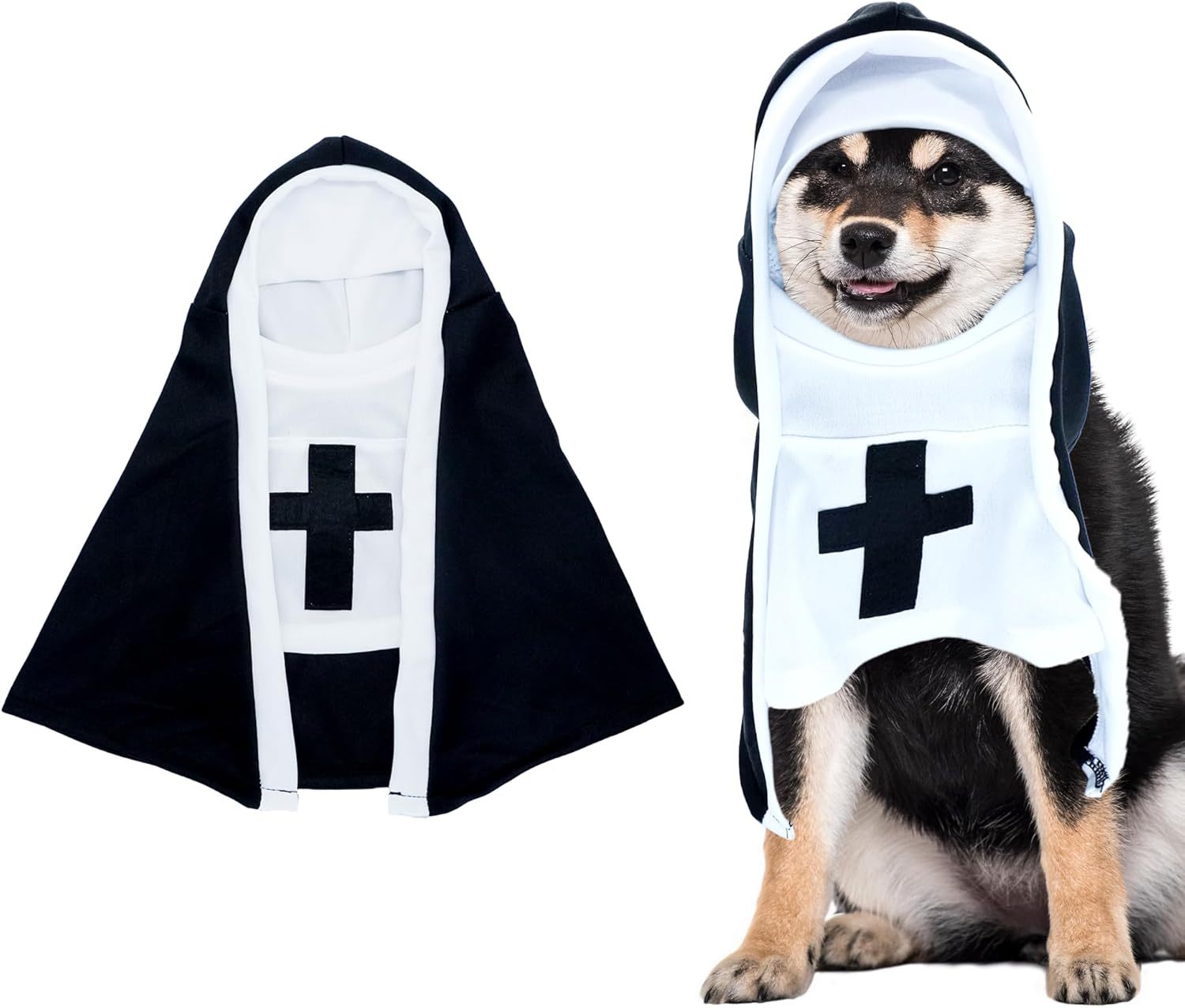 Nun pet costume displayed next to a dog wearing the costume smiling