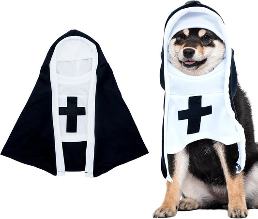 Nun pet costume displayed next to a dog wearing the costume smiling