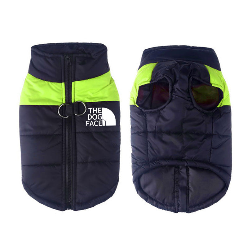 Front and back view of black and fluorescent green waterproof dog vest with padded design and leash attachment rings