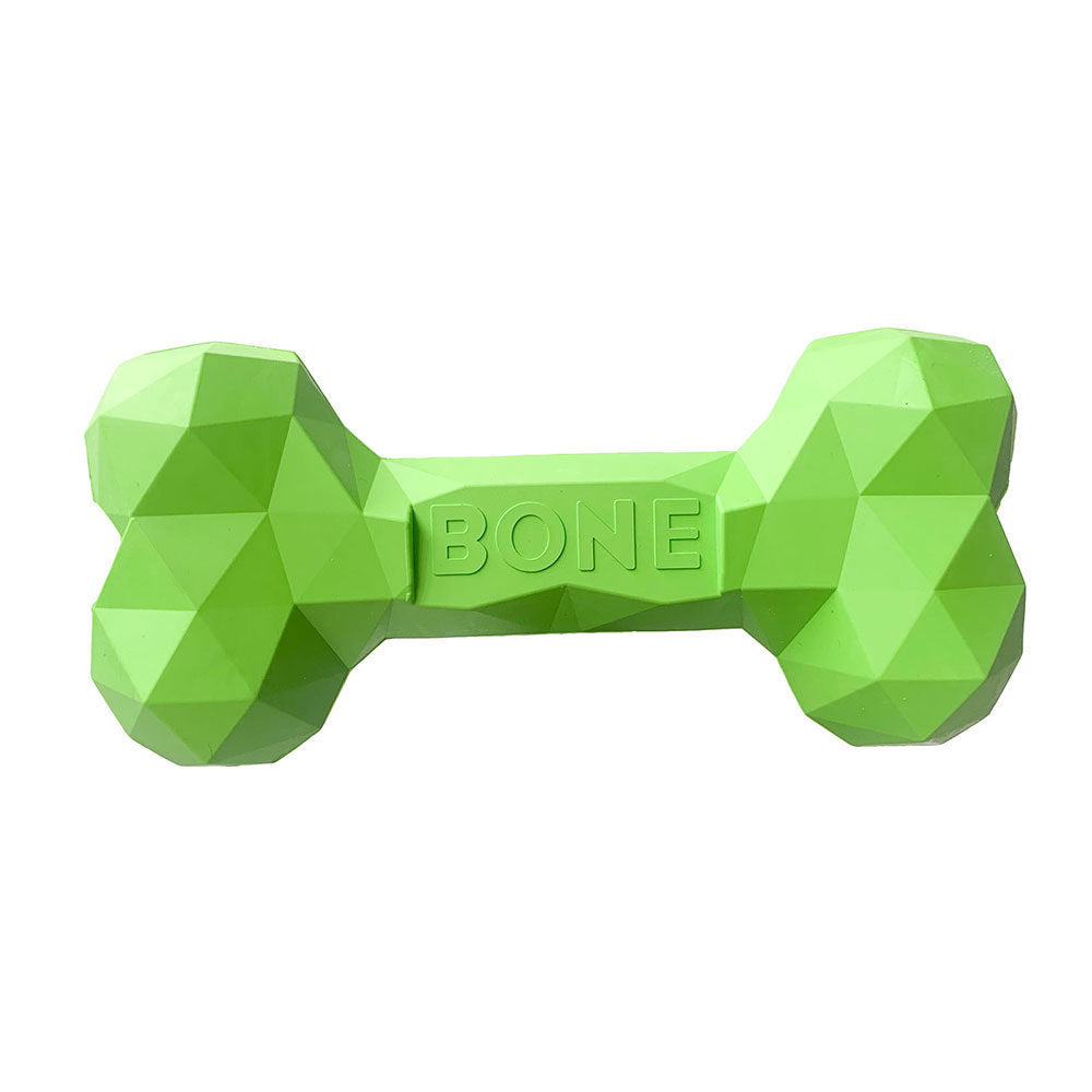 Grass green geometric rubber dog bone toy with BONE logo on white background