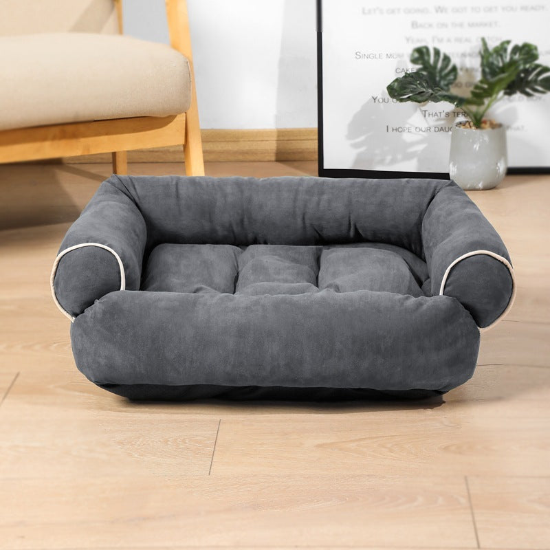 Charcoal gray velvet pet sofa bed with quilted cushion and rolled arm sides