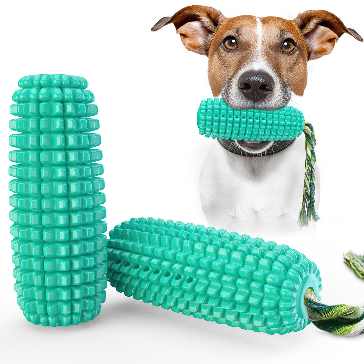 Blue corn-shaped chew toy with rope and dog holding toy