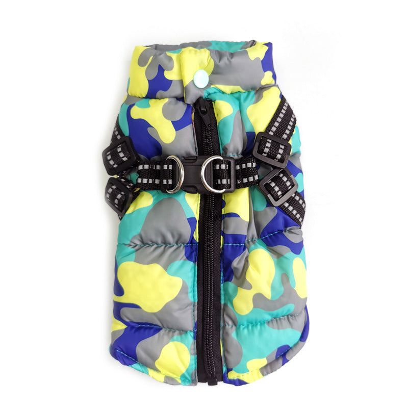 Yellow and blue camo dog jacket laid flat with zipper and harness