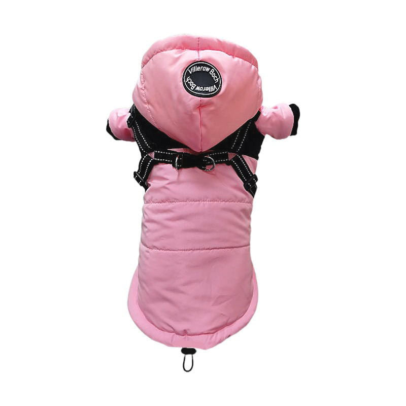 Pink insulated dog jacket with hood and built-in black reflective harness displayed from back