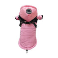Charger l'image dans la visionneuse de la galerie, Pink insulated dog jacket with hood and built-in black reflective harness displayed from back
