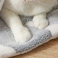 Load image into Gallery viewer, Close-up of cat paws resting on edge of gray fleece pet bed mat with white bones
