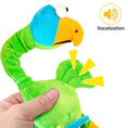 Cargar la imagen en la vista de la galería, Close-up of a hand squeezing the green plush chicken toy showing squeaker sound effect

