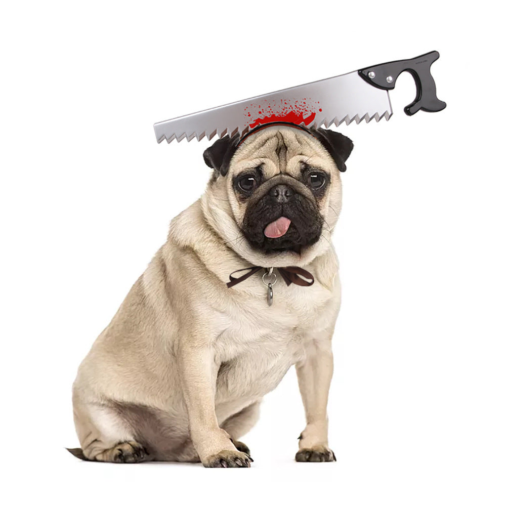 Black and white Boston terrier wearing syringe prop on headband