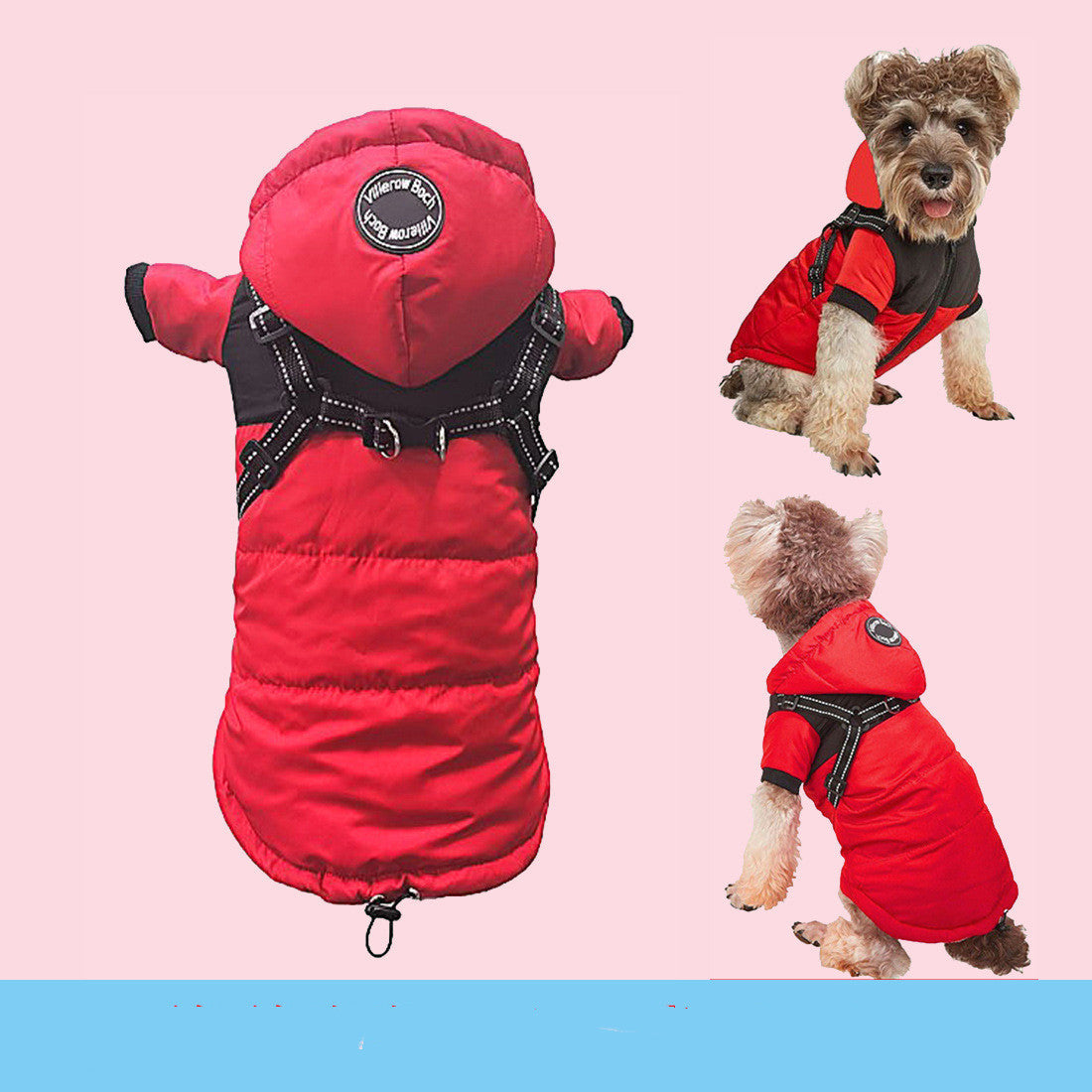 Red insulated dog jacket with hood and built-in black reflective harness shown from back and on small dog