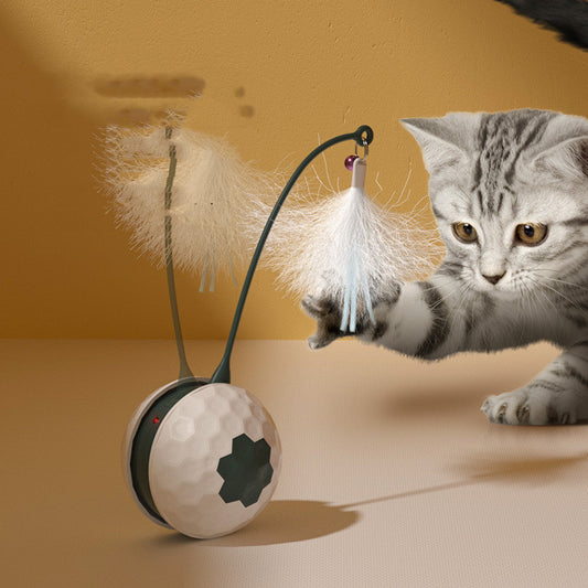 White and green automatic interactive cat toy with a flexible feather teaser and a cat reaching to play