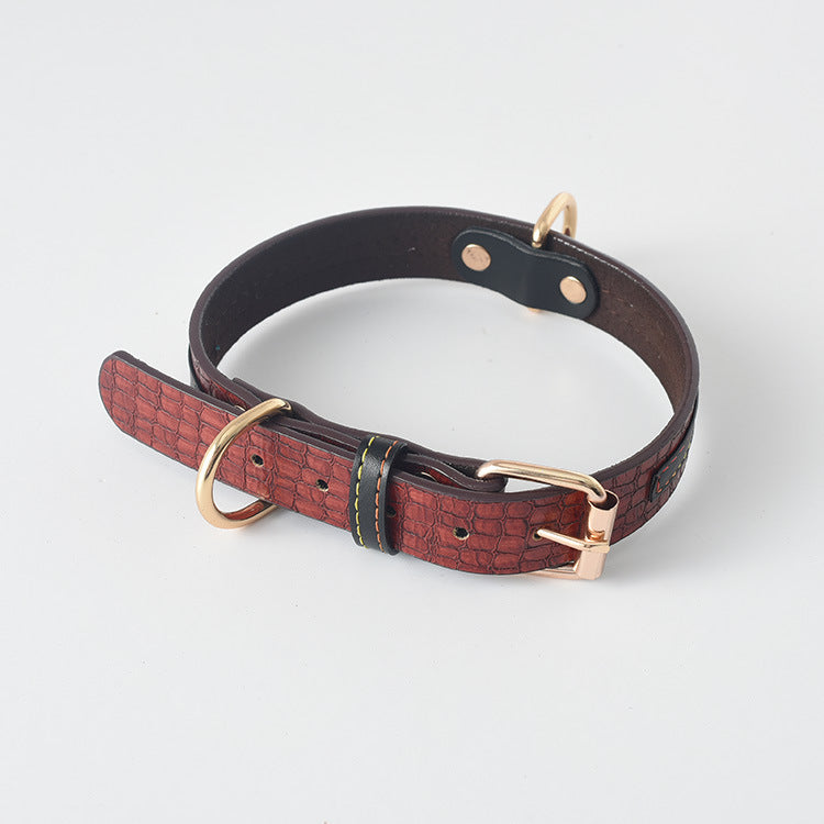 Brown PU leather dog collar flat and unbuckled on white background
