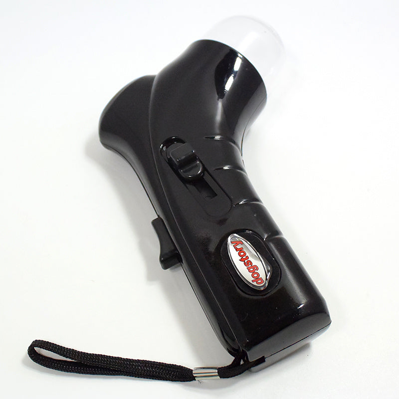 Black interactive pet treat launcher with wrist strap and clear treat compartment on white background