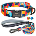Load image into Gallery viewer, Second colorful design variation of dog collar and leash set in blue, orange, and red geometric pattern
