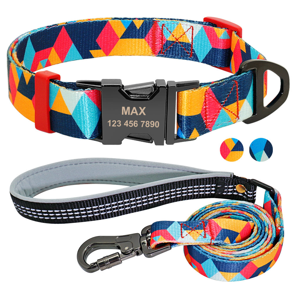 Second colorful design variation of dog collar and leash set in blue, orange, and red geometric pattern