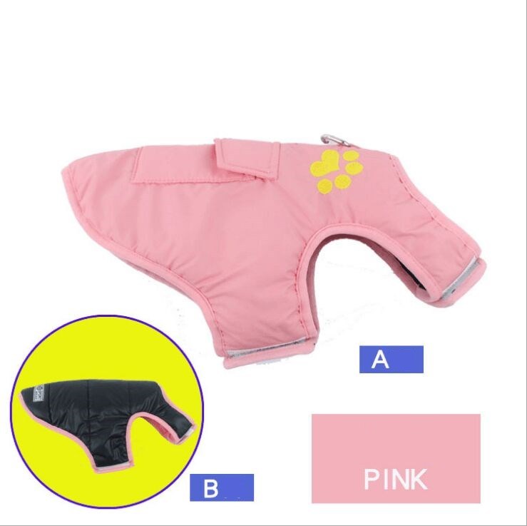 Pink insulated dog coat with yellow paw print and black inner lining displayed flat
