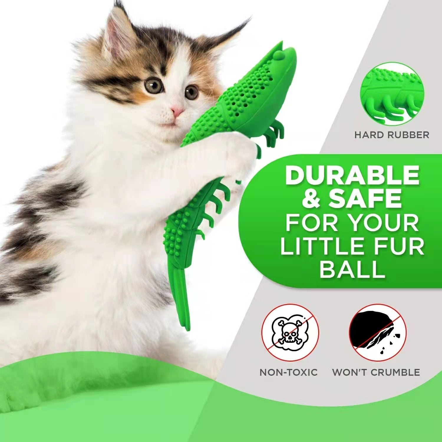 Fluffy calico kitten holding green hard rubber catnip toy, highlighting durability, non-toxic safety, and texture
