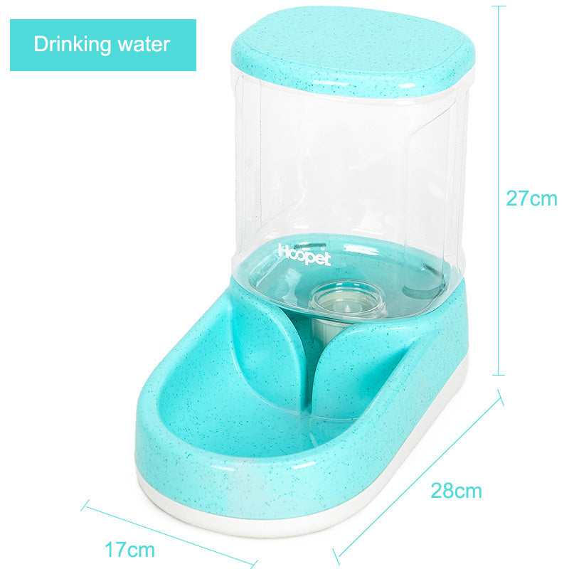 Close-up of green automatic pet water dispenser with specs visible