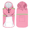 Cargar la imagen en la vista de la galería, Pink waterproof reflective dog raincoat with hood and adjustable belt, front and back views
