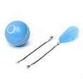 Load image into Gallery viewer, Blue LED light cat toy ball with detachable black string attachments including a blue feather and a bell on white background
