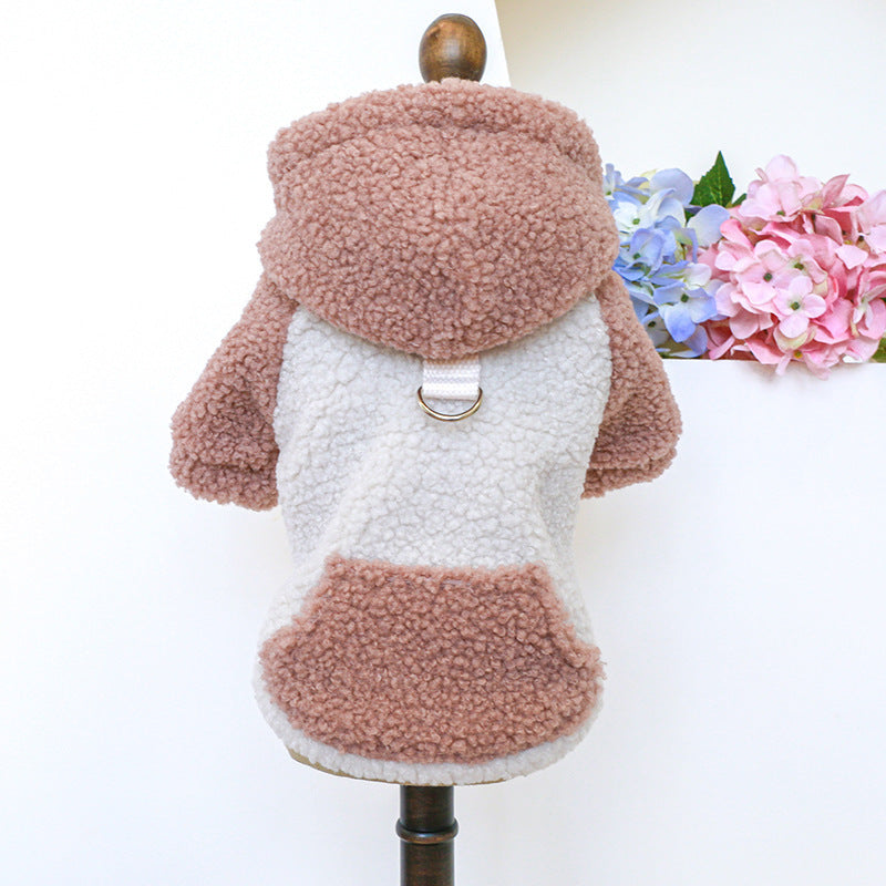 Beige and white lamb fleece dog sweater on a mannequin showing fleece texture and design details