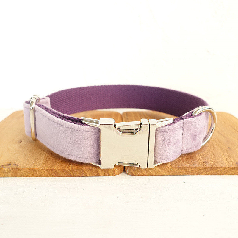 Silver quick-release buckle and D-ring on light purple velvet dog collar with purple fabric lining