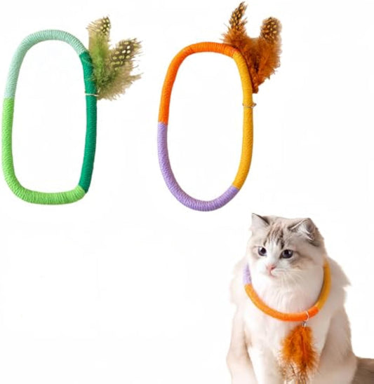 Two cotton rope catnip toys in oval shapes with feathers, one in green shades and one in orange, yellow, and purple wrapped cotton