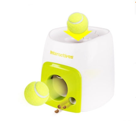 Compact white and green interactive feeder with tennis ball falling into top and treat dropping out front