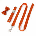 Load image into Gallery viewer, Orange dog collar, matching leash, and bow tie laid flat on white background
