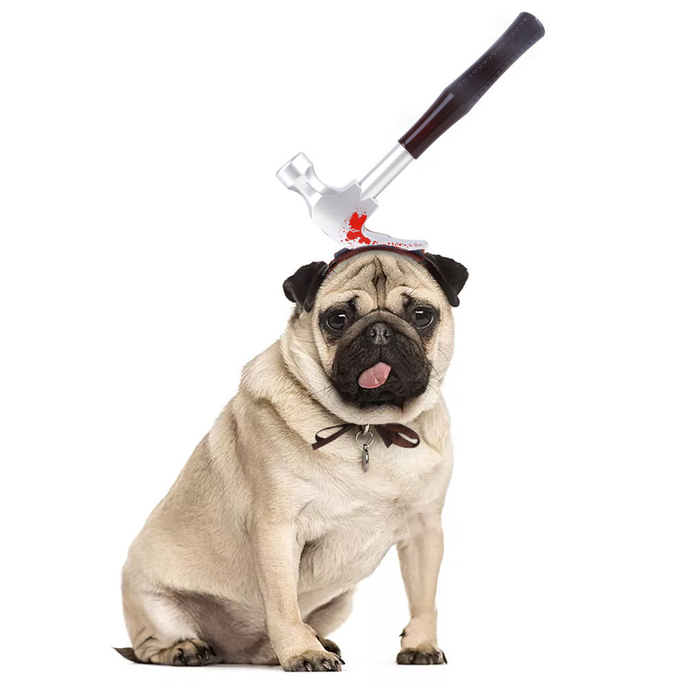 Fawn pug wearing bloody wrench headgear with tongue out