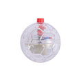 Cargar la imagen en la vista de la galería, Transparent plastic cat toy ball with geometric pattern and red activation button on white background
