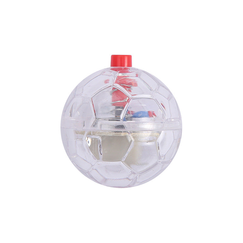 Transparent plastic cat toy ball with geometric pattern and red activation button on white background