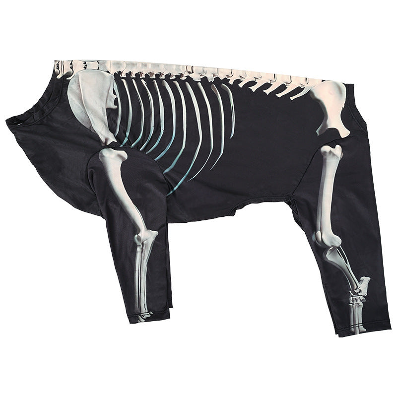 Dog laying on floor wearing black skeleton outfit showing detailed bone print on back