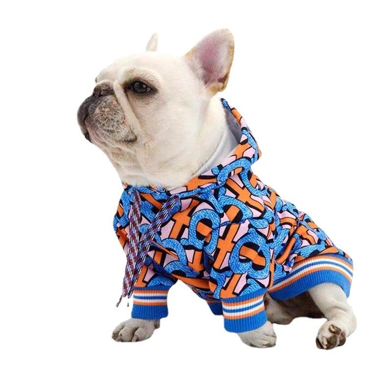 French Bulldog sitting calmly in colorful graphic hoodie with hood down