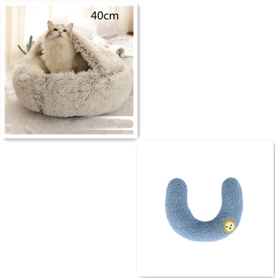 Beige dome pet bed with 40cm label and blue U-shaped pillow with sun embroidery