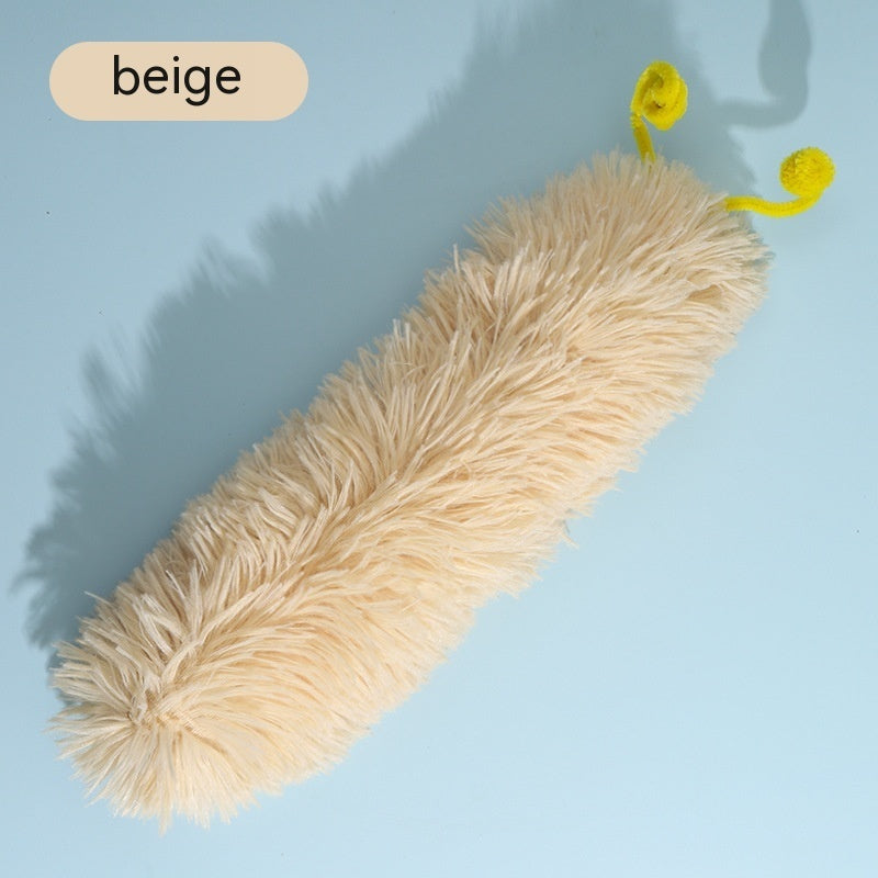 Beige plush caterpillar cat toy displayed on blue background with yellow antennae